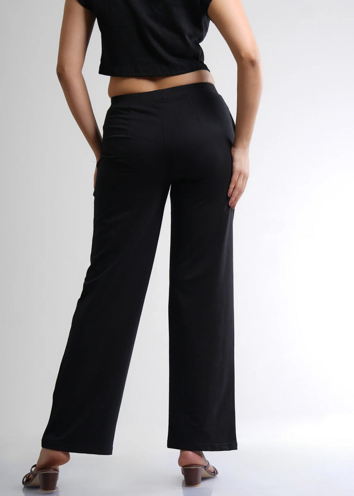 Flurr Women's Black Cotton Wide Leg Trousers - Comfortable Work & Casual Wear