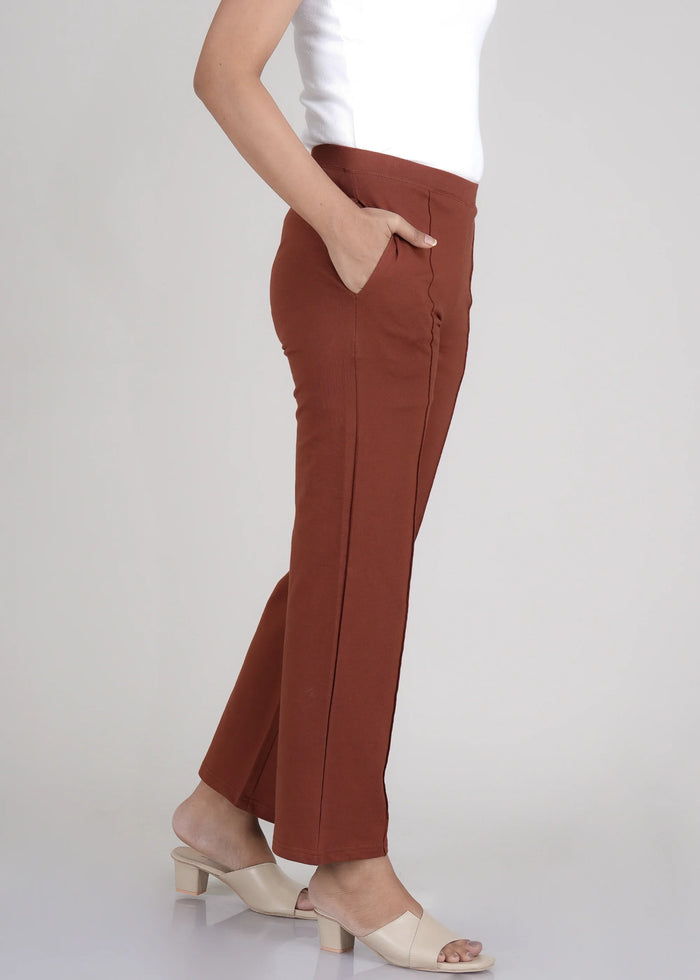 Rust Cotton Wide Flared All-Day Trousers for Women – Comfortable Work & Casual Wear