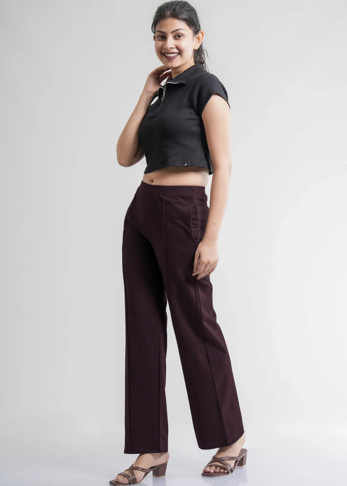 Flurr Women's Wine Cotton Wide Leg Trousers - Comfortable Work & Casual Wear
