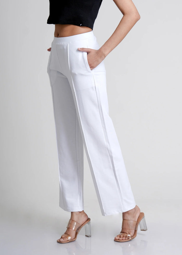 White Cotton Wide Flared All-Day Trousers for Women – Comfortable Work & Casual Wear