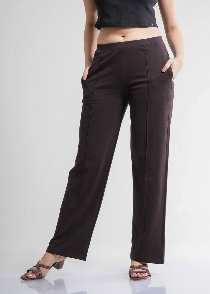 Flurr Women's Brown Cotton Wide Leg Trousers - Comfortable Work & Casual Wear