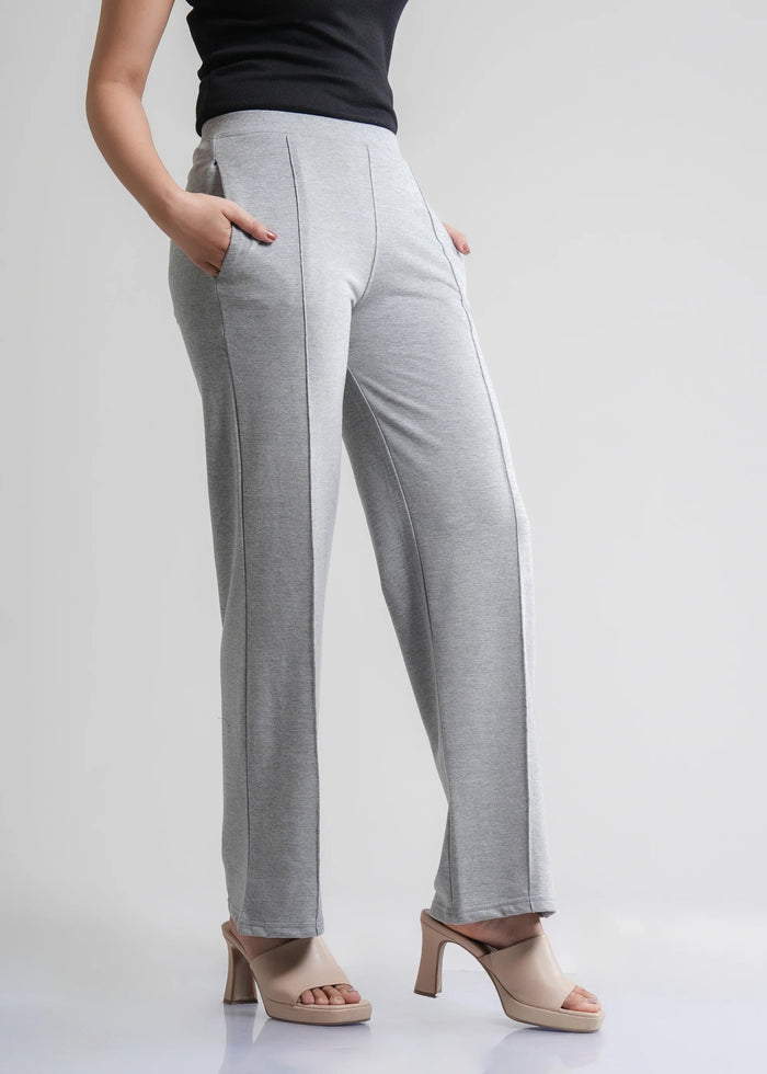 Flurr Women's Light Grey Cotton Wide Leg Trousers - Comfortable Work & Casual Wear