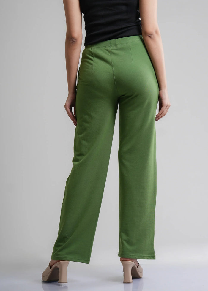Flurr Women's Green Cotton Wide Leg Trousers - Comfortable Work & Casual Wear