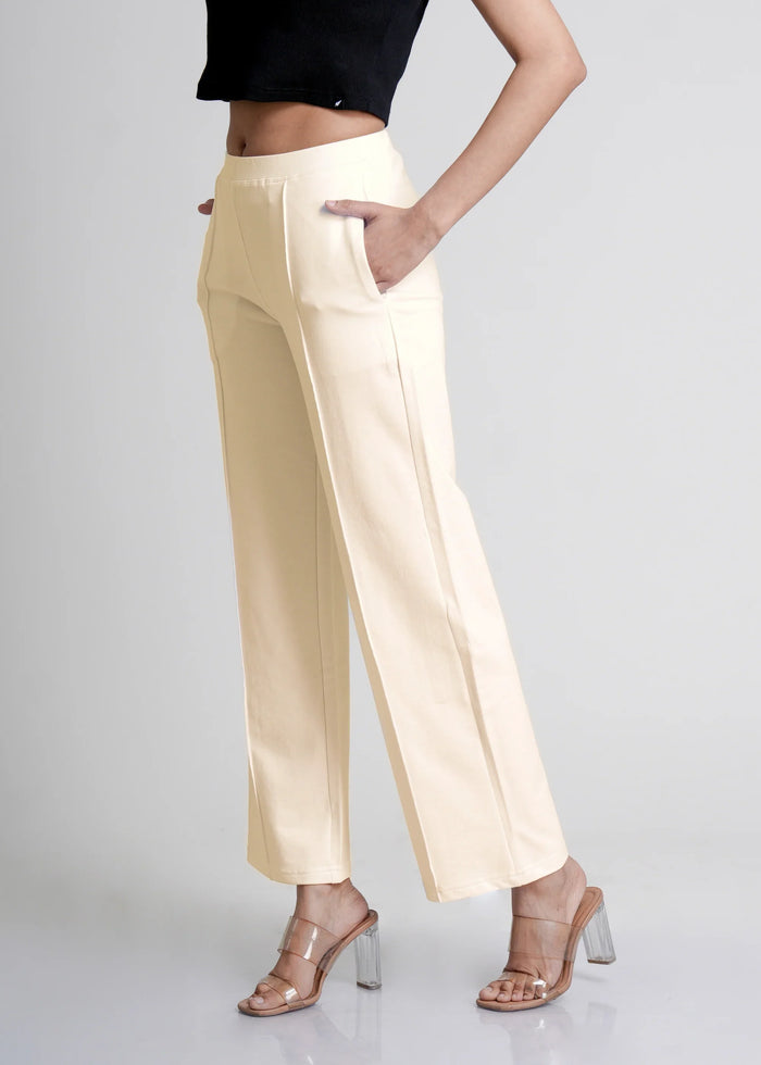 Off-White Cotton Wide Flared All-Day Trousers for Women – Comfortable Work & Casual Wear
