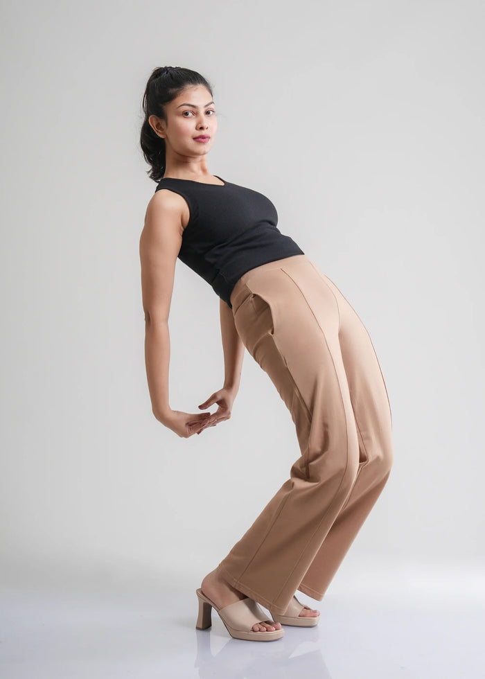 Beige Cotton Wide Flared All-Day Trousers for Women – Comfortable Work & Casual Wear