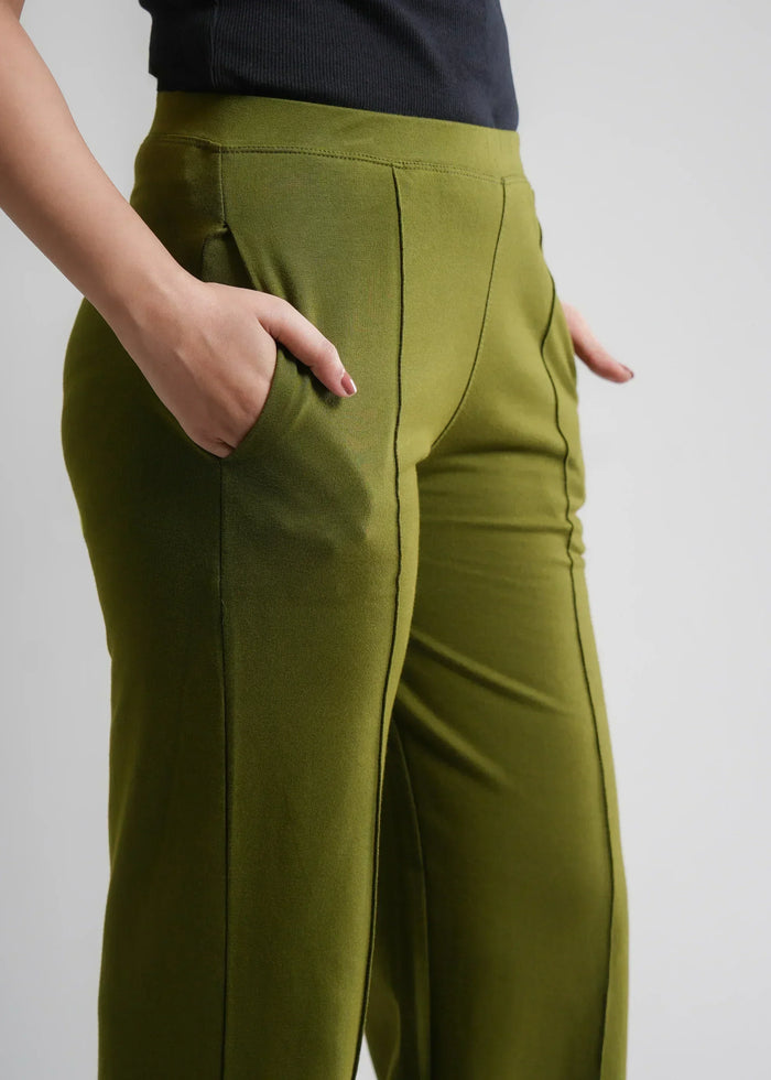 Dark Olive Wide Flared All-Day Trousers for Women – Comfortable Work & Casual Wear