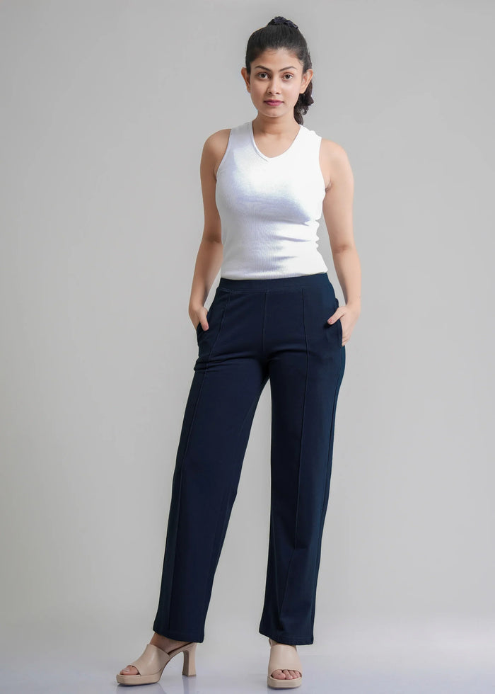 Navy Cotton Wide Flared All-Day Trousers for Women – Comfortable Work & Casual Wear