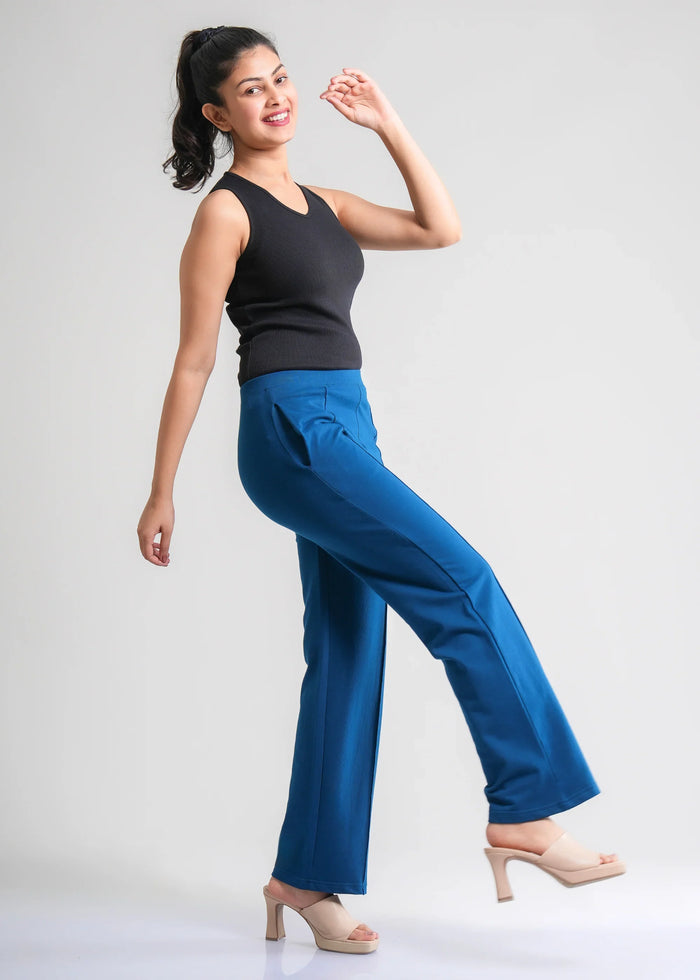 Flurr Women's Blue Cotton Wide Leg Trousers - Comfortable Work & Casual Wear