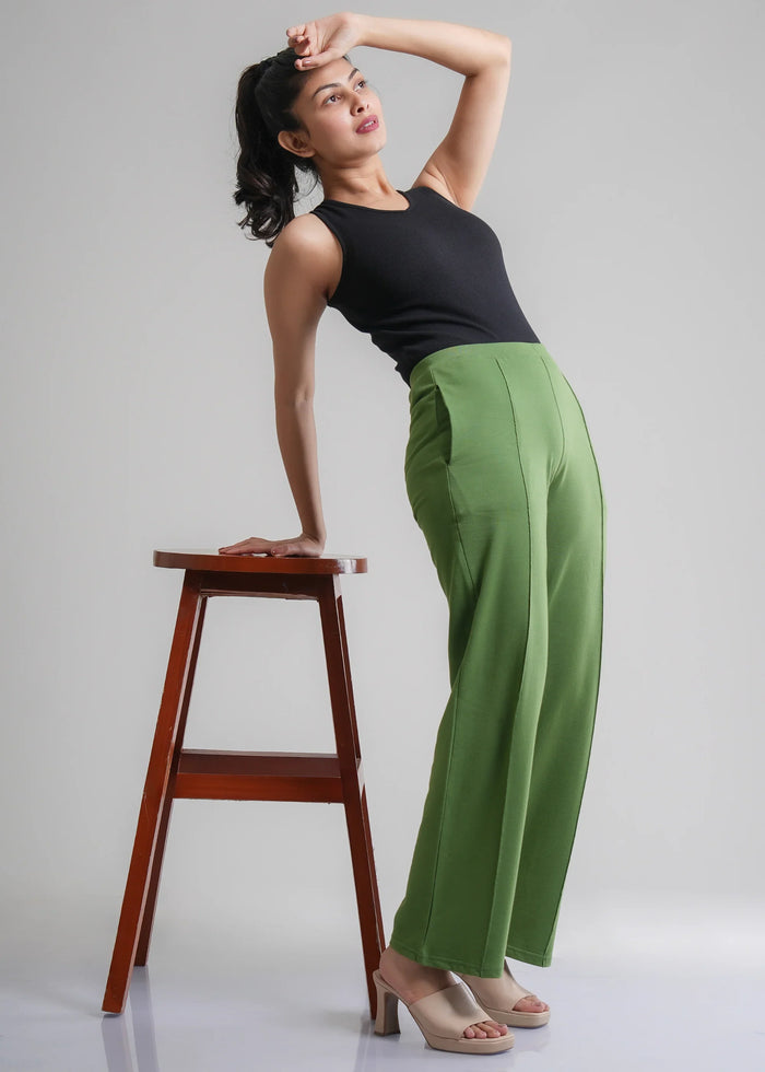 Flurr Women's Green Cotton Wide Leg Trousers - Comfortable Work & Casual Wear