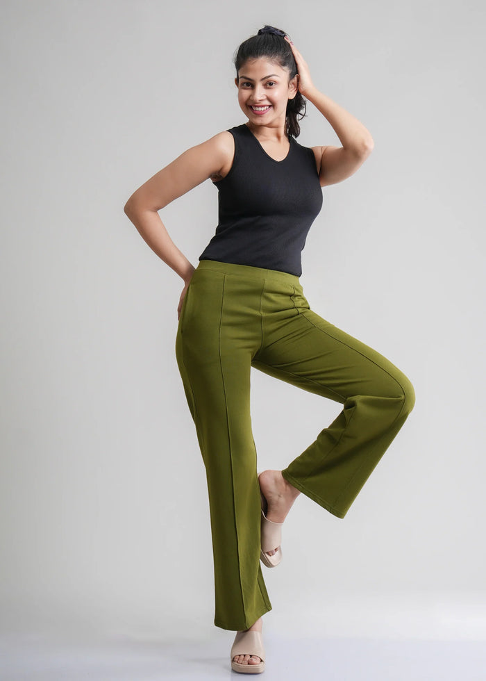 Dark Olive Wide Flared All-Day Trousers for Women – Comfortable Work & Casual Wear