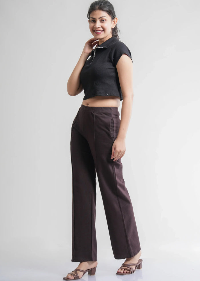 Flurr Women's Brown Cotton Wide Leg Trousers - Comfortable Work & Casual Wear