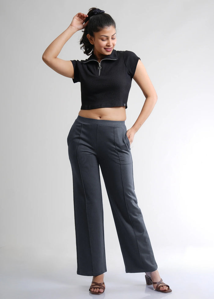 Dark Gray Cotton Wide Flared All-Day Trousers for Women – Comfortable Work & Casual Wear