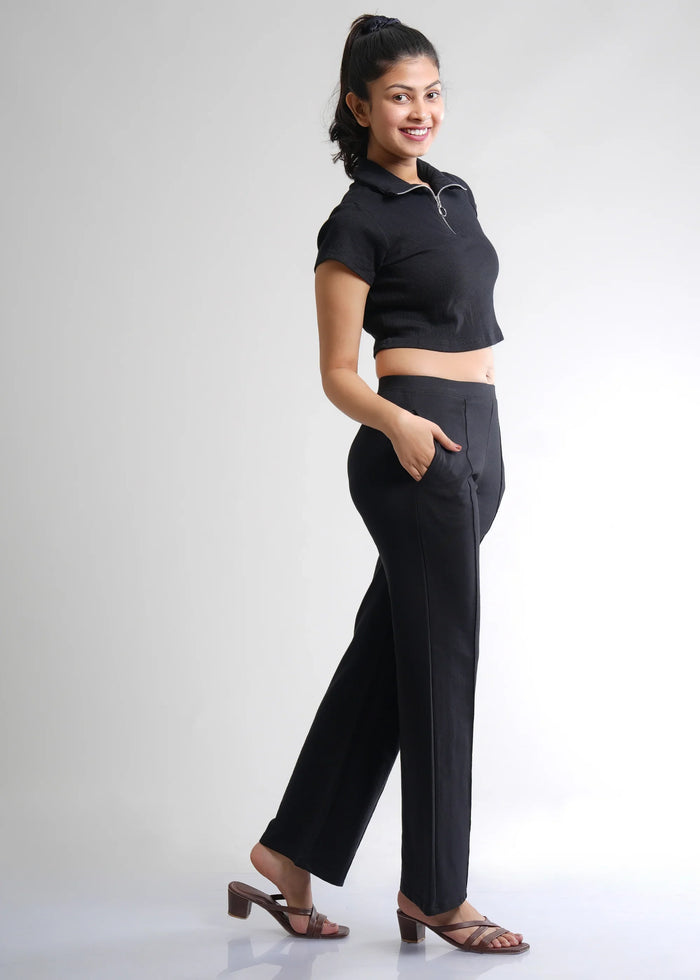 Flurr Women's Black Cotton Wide Leg Trousers - Comfortable Work & Casual Wear