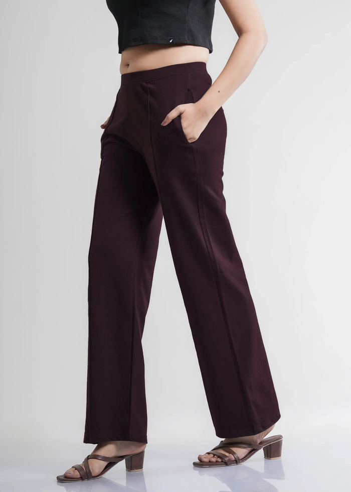 Flurr Women's Wine Cotton Wide Leg Trousers - Comfortable Work & Casual Wear