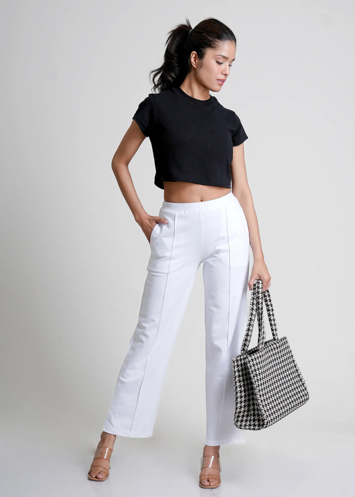 White Cotton Wide Flared All-Day Trousers for Women – Comfortable Work & Casual Wear