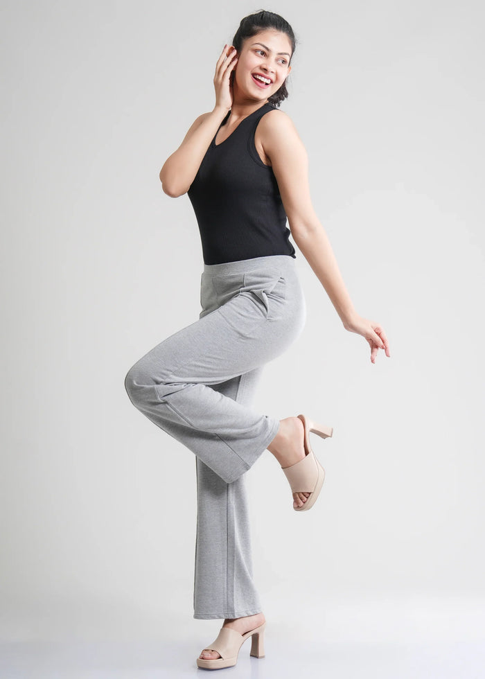 Flurr Women's Light Grey Cotton Wide Leg Trousers - Comfortable Work & Casual Wear