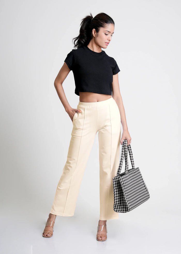 Off-White Cotton Wide Flared All-Day Trousers for Women – Comfortable Work & Casual Wear