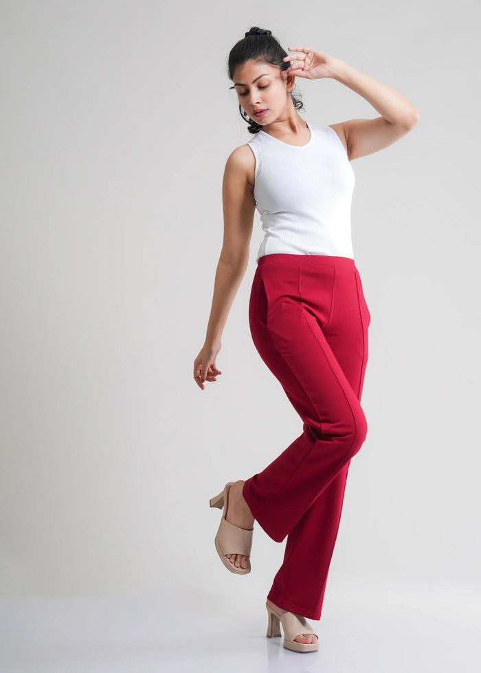 Flurr Women's Red Cotton Wide Leg Trousers - Comfortable Work & Casual Wear