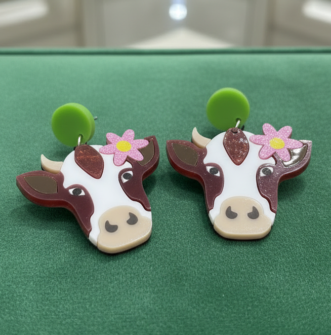 Amanda Bright Designs brown and white cow-shaped earrings with pink flower and green acrylic stud earrings
