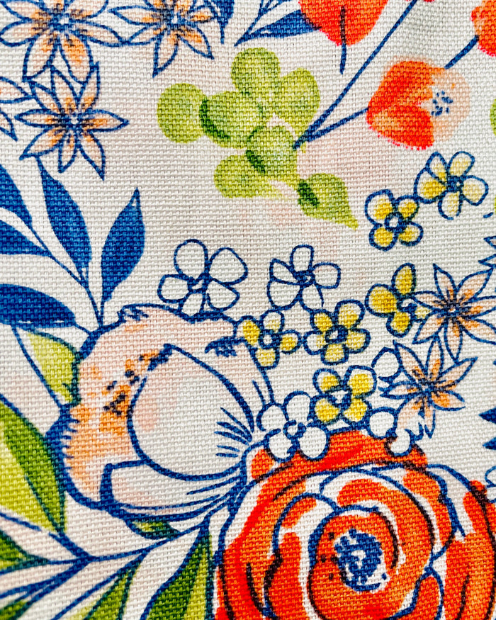 Close-up of colorful floral patterned fabric amanda bright designs apron