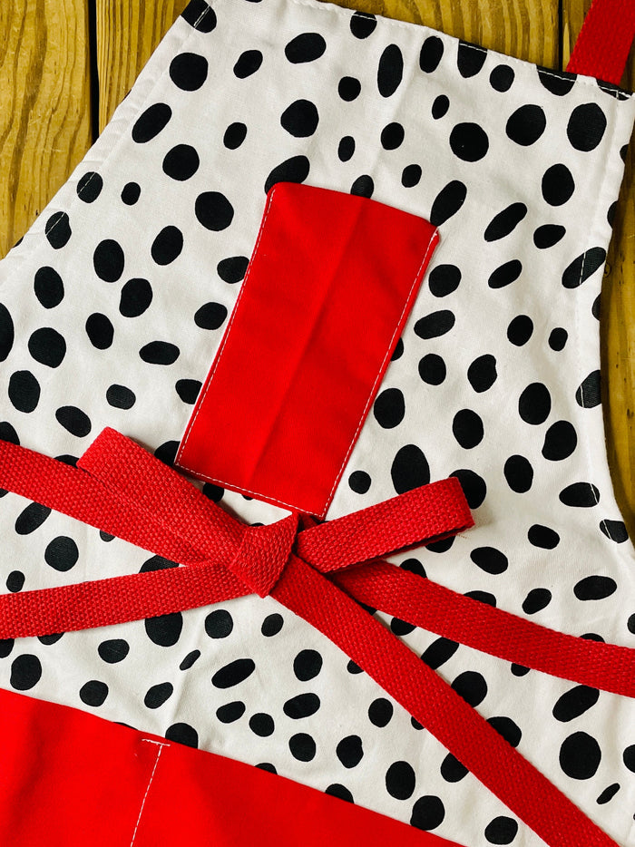 Amanda Bright Designs Dalmatian print apron with red pockets and strings