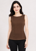Flurr Brown Essential Cotton Top for women, front close-up highlighting the round neckline, cotton fabric and fitted silhouette