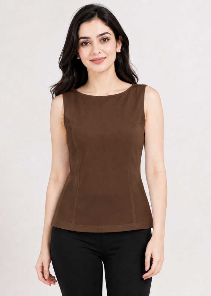 Flurr Brown Essential Cotton Top for women, front close-up highlighting the round neckline, cotton fabric and fitted silhouette