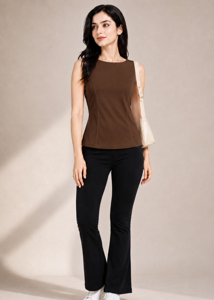 Flurr Brown Essential Cotton Top for women, front view full-length lookshot showcasing the fitted silhouette and sleeveless design