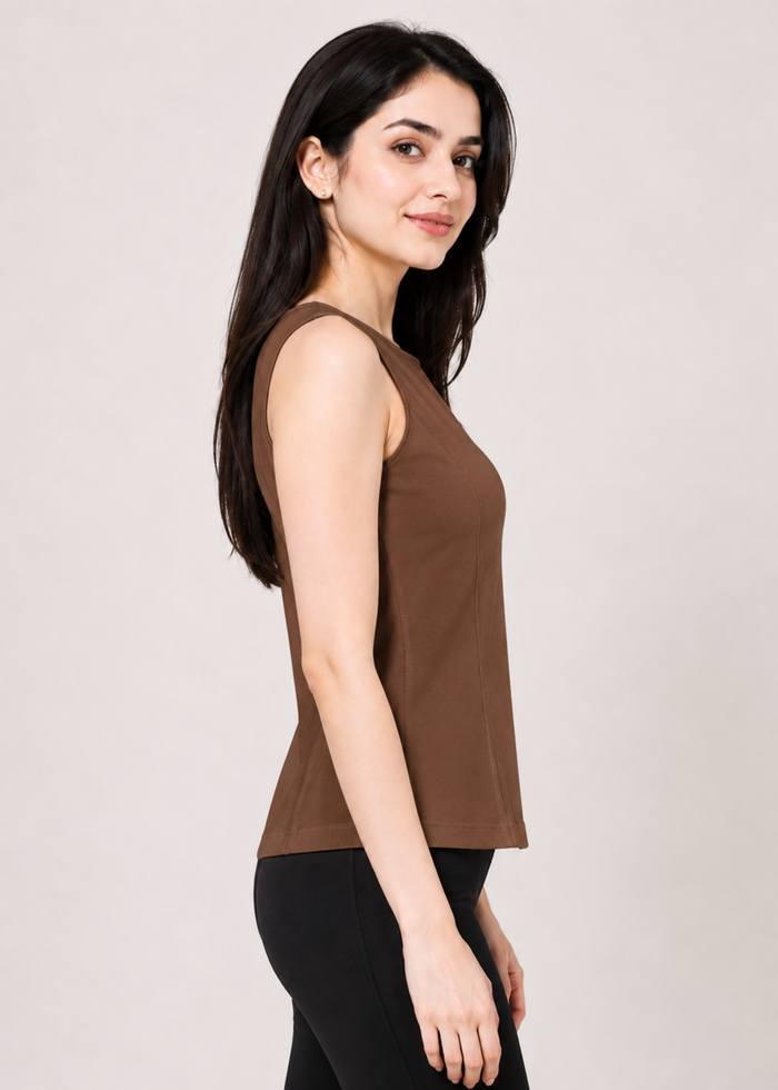 Flurr Brown Essential Cotton Top for women, right side view showcasing the flattering fitted silhouette and clean finish