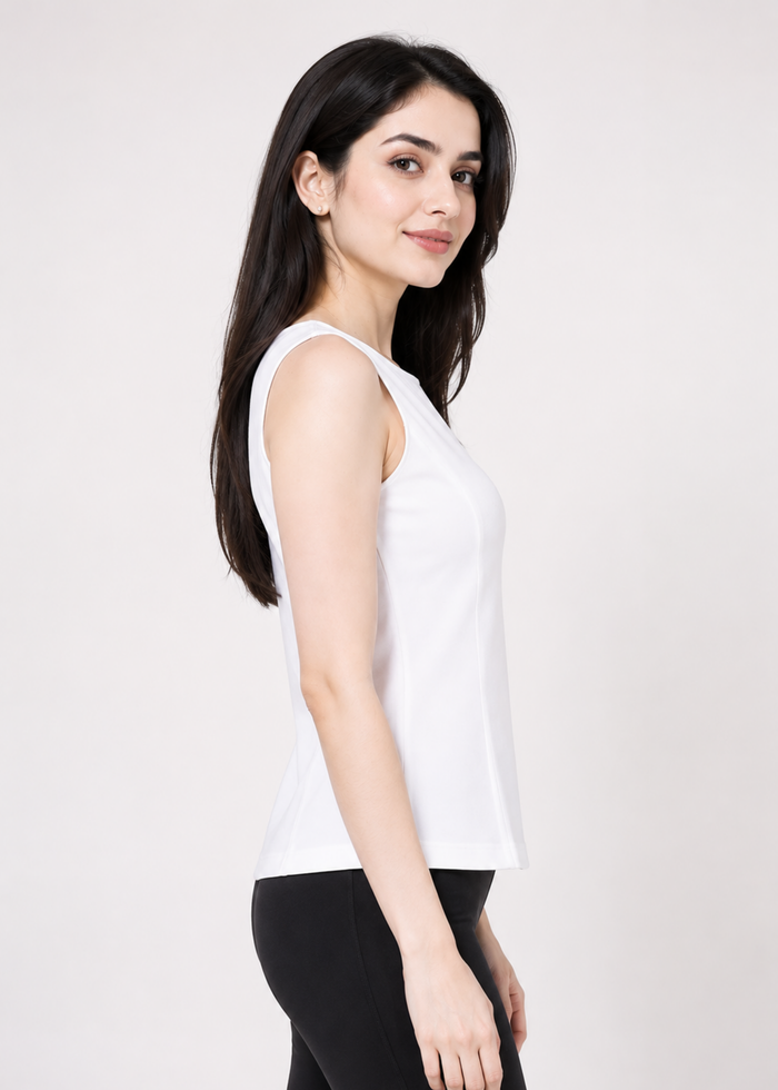 Flurr Essential Cotton Top for women, right side view showcasing the flattering fitted silhouette and clean finish
