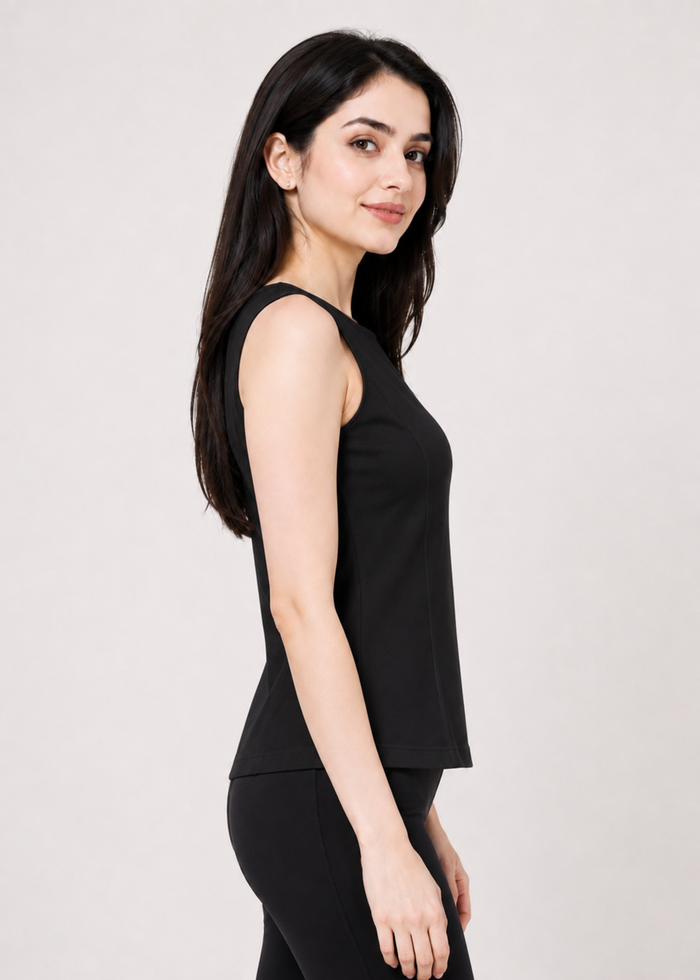 Flurr Black Essential Cotton Top for women, right side view showcasing the flattering fitted silhouette and clean finish