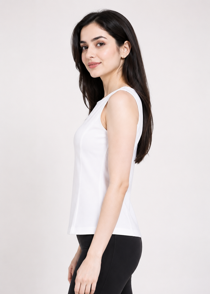 Flurr Essential Cotton Top for women, left side view showcasing the tailored fit and sleeveless design