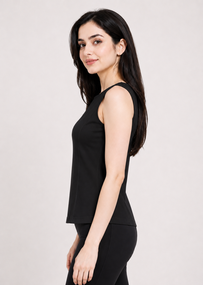 Flurr Black Essential Cotton Top for women, left side view showcasing the tailored fit and sleeveless design