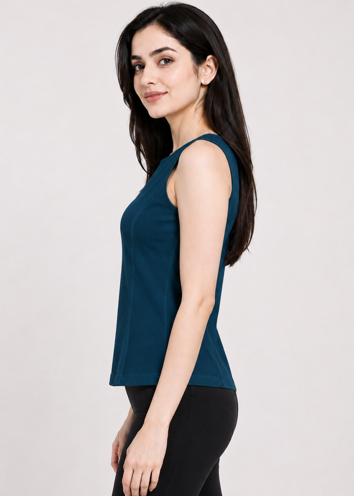 Flurr Teal Blue Essential Cotton Top for women, left side view showcasing the tailored fit and sleeveless design
