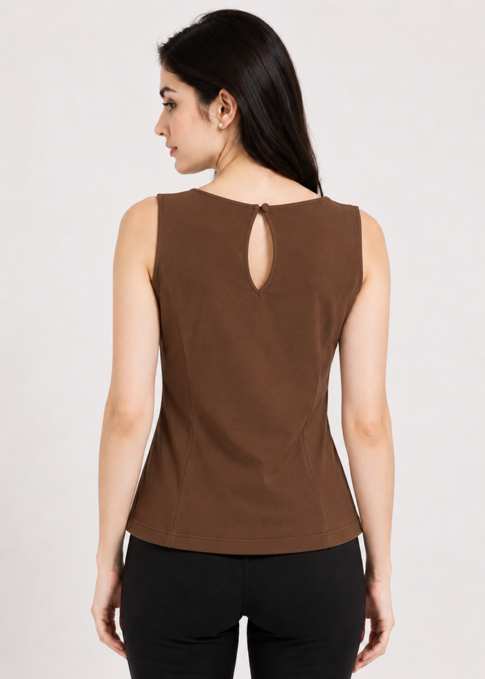 Flurr Brown Essential Cotton Top for women, back view showcasing the clean silhouette and comfortable fitted design