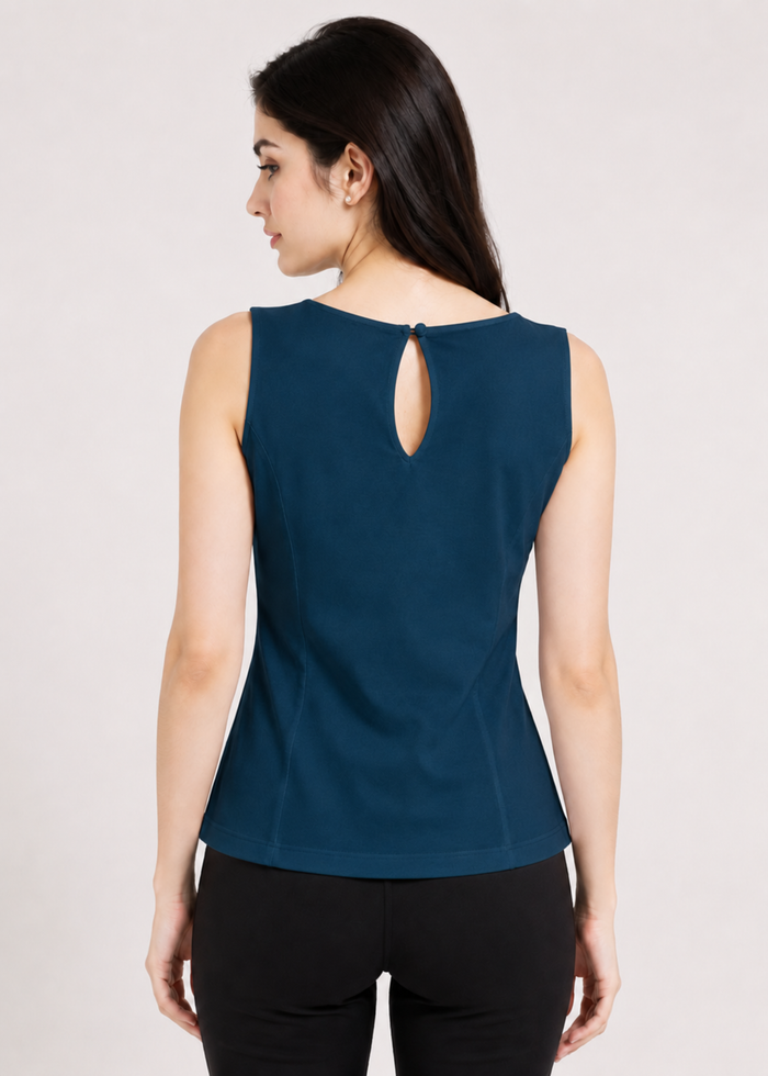 Flurr Teal Blue Essential Cotton Top for women, back view showcasing the clean silhouette and comfortable fitted design