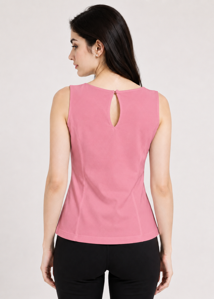 Flurr Pink Essential Cotton Top for women, back view showcasing the clean silhouette and comfortable fitted design