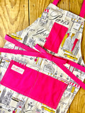 London, Paris, New York themed apron with hot pink pockets and strings Amanda Bright Designs