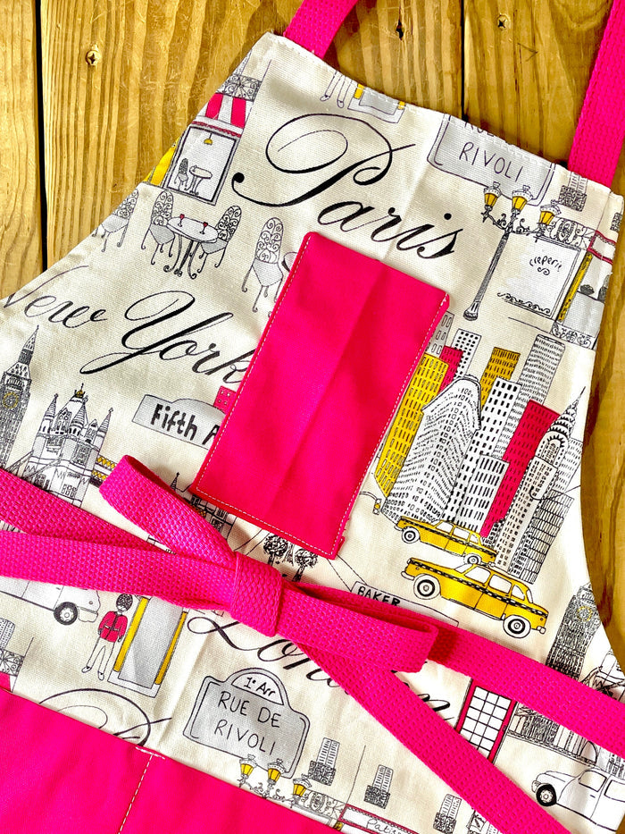London, Paris, New York themed apron with hot pink strings