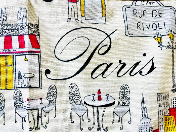 Amanda Bright Designs Evelyn Apron London New York City Paris skyscrapers cafe streets cityscape icon midcentury travel apron fabric pattern