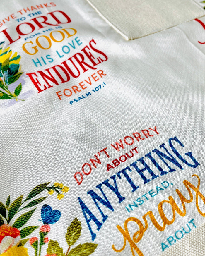 Amanda Bright Designs Faith in God Apron Prayer Thankful Thanks Scripture Restoration Soul Bible Cotton Kitchen Cooking Baking Crafting Crafter Apron Closeup View