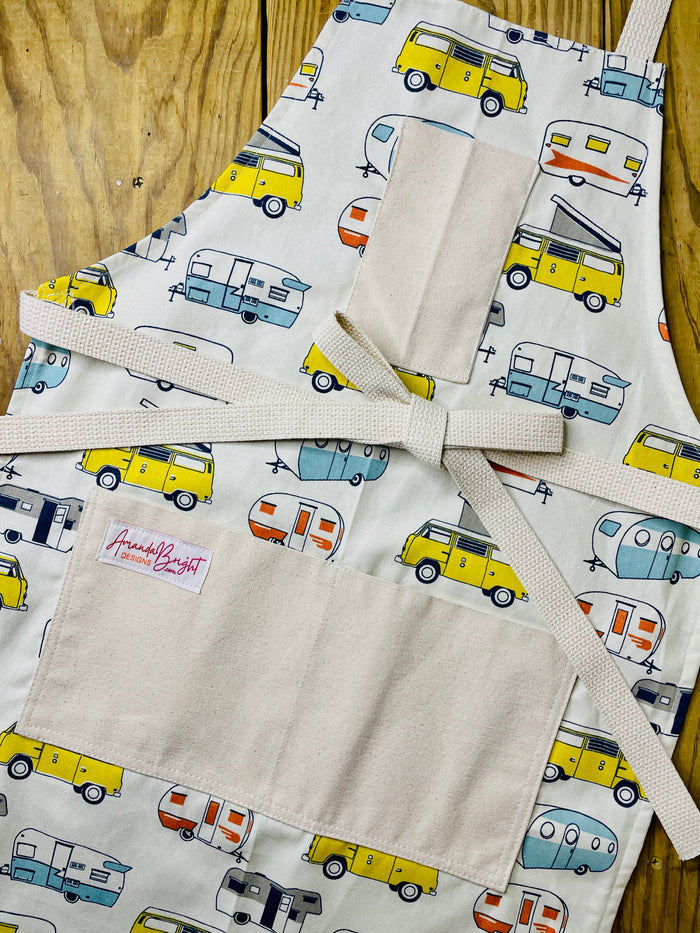 Amanda Bright Designs apron with camper and van pattern RV Route 66 camping apron