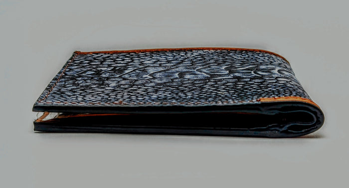 Genuine Ostrich Leg Bifold Wallet – Blue Jean Suede Finish | Handmade by Sobek