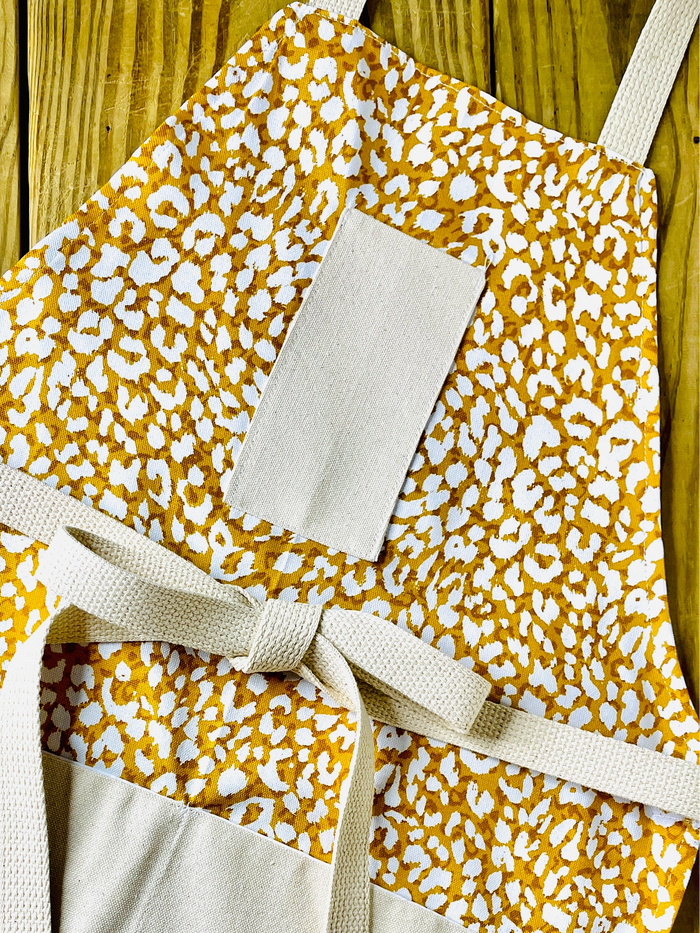 Amanda Bright Designs ginger apron golden leopard print retro 100% cotton designer apron