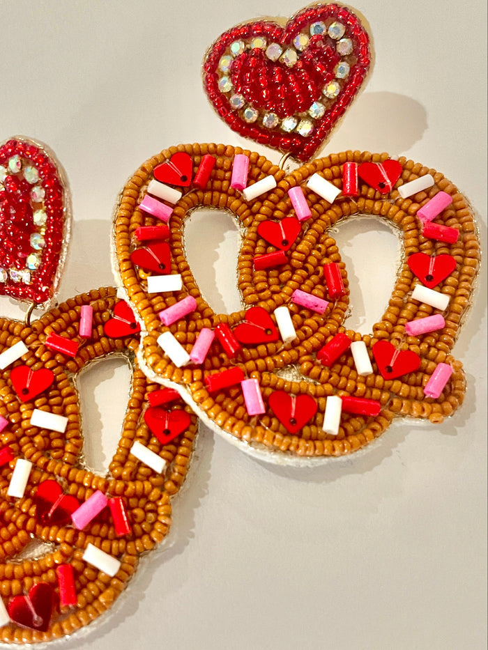 Amanda Bright Designs Heart-shaped pretzel earrings with red, white, and pink beads