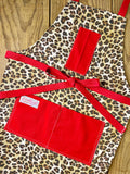 Amanda Bright Designs Kat Apron Denim Leopard Animal Print Red Canvas Pockets Red Strings