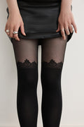 Close-up of Rachel's Lace Crown Over-the-Knee Tights in Black, showing the lace pattern at the top of the thigh.
