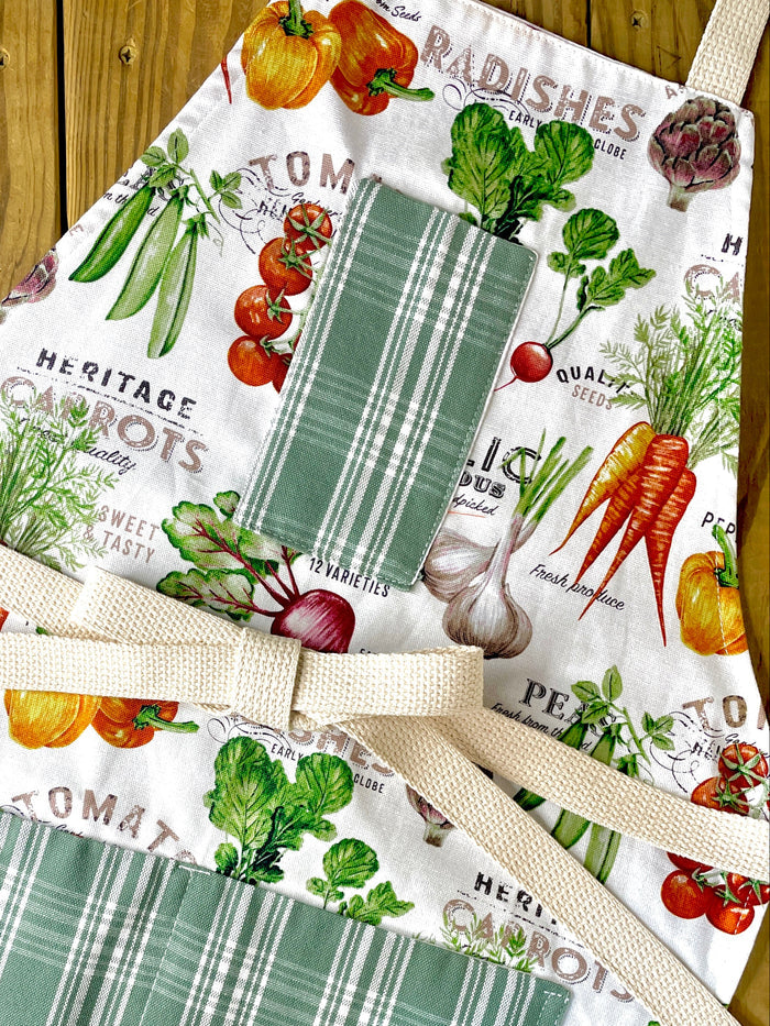 Amanda Bright Designs farmhouse kitchen cotton apron with vegetables and green plaid pockets