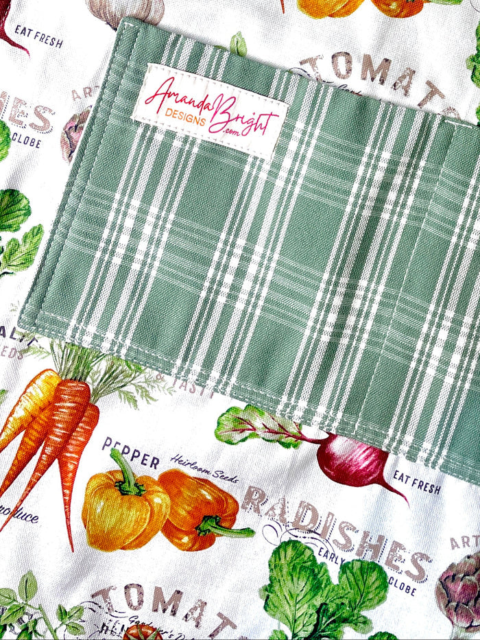 Amanda Bright Designs farmhouse kitchen cotton apron with vegetables and green plaid pockets