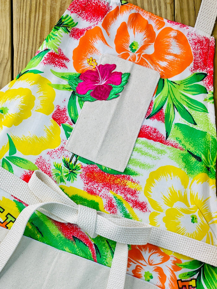 amanda bright designs Colorful floral apron with 'Hawaii' text vintage fabric 1970s limited edition